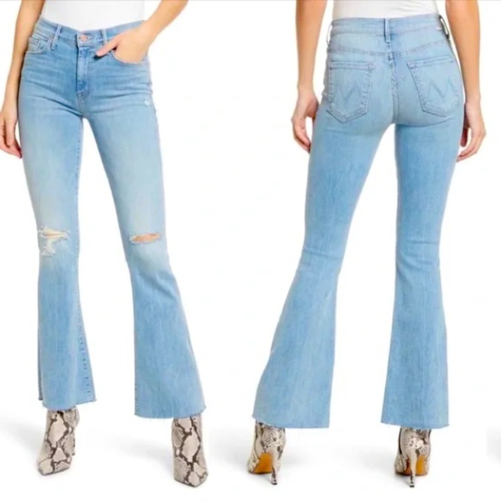 🥳 HP Mother The Weekender Fray 33 Dreamer Lt Wash Mid Rise Distressed Flared Leg